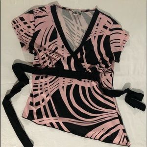 Double Take Pink/Black Asymmetrical Blouse-B07